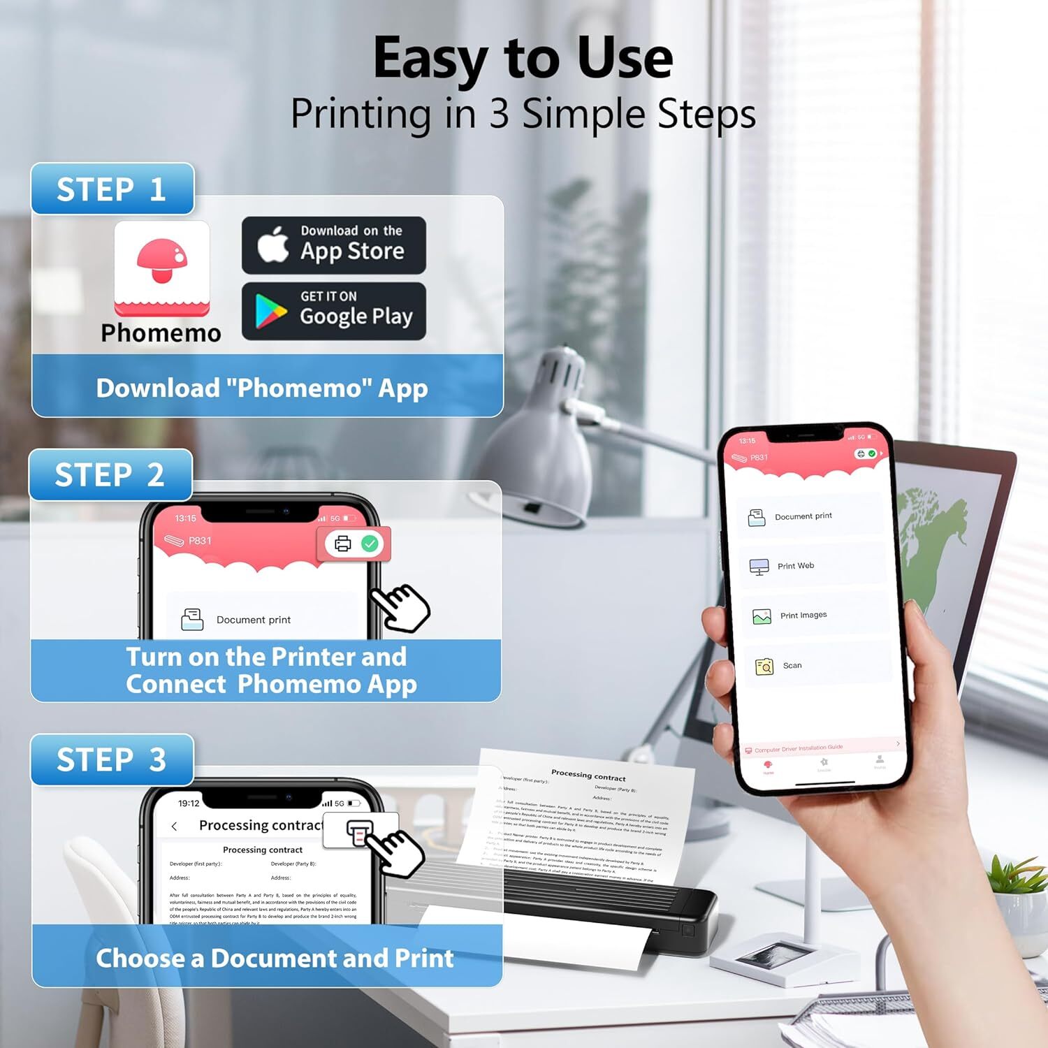 Phomemo P831 Portable Thermal Printer Bluetooth Support US Letter & A4 300DPI