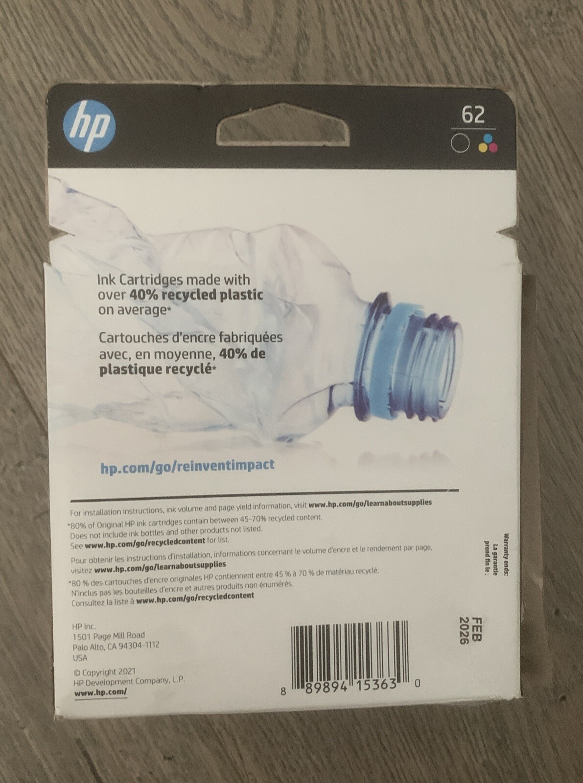 2pack HP 62 Black + Tri-color Original Ink Cartridges, N9H64FN#140 Exp:feb 2026