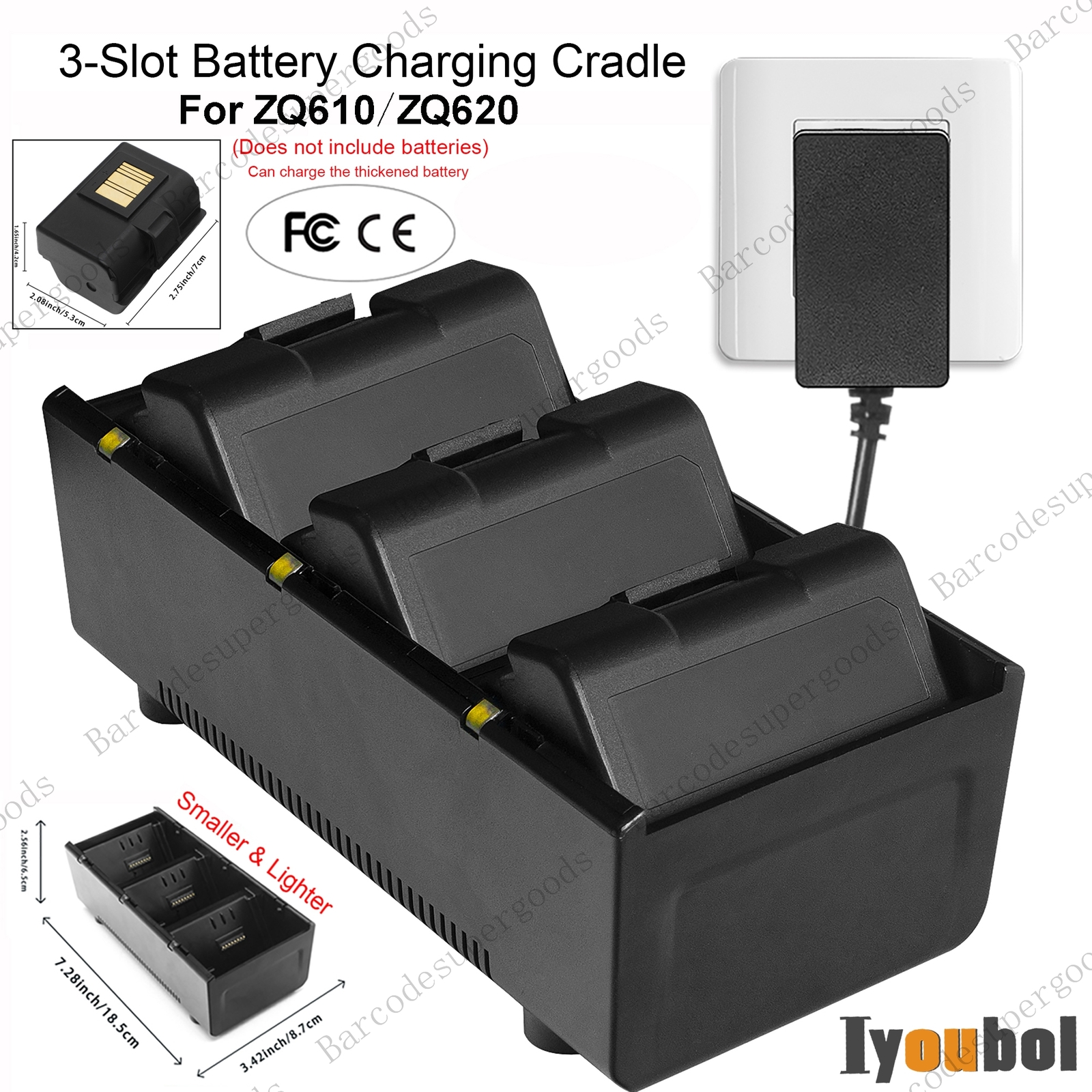 3-Slot Thickened Battery Charging Cradle + Adapter Supply for Zebra ZQ610 ZQ620