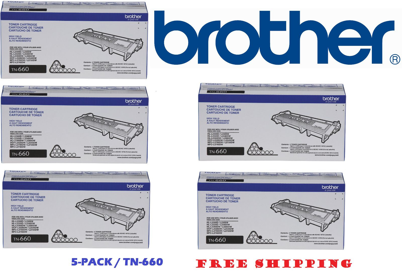 5-PACK BRAND NEW GENUINE BROTHER OEM TN660 Black Toner Cartridges – SEALED
