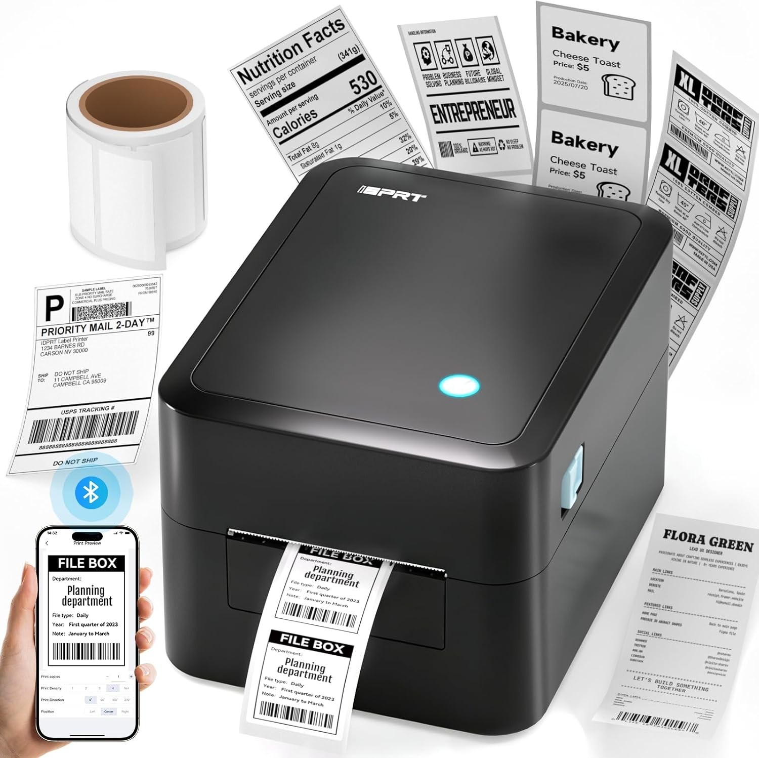 iDPRT Desktop Label Maker Bluetooth Thermal Shipping Label Printer for Shipping