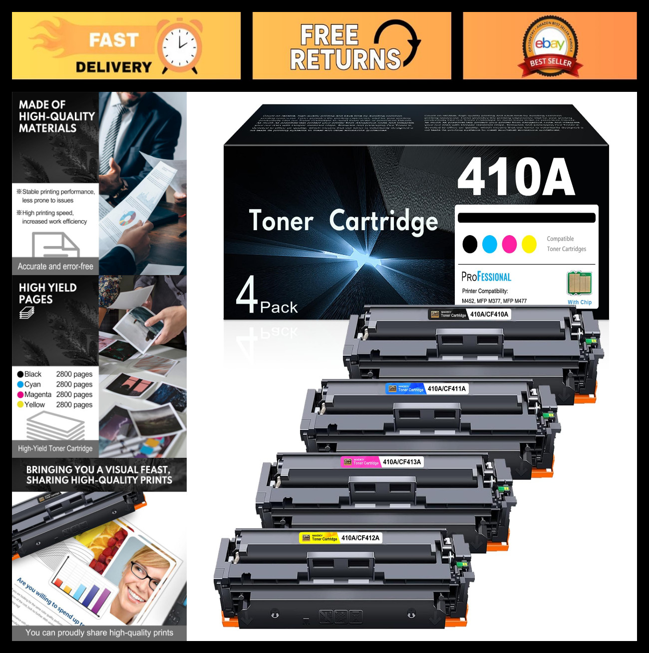 High Yield 410A Toner Cartridges 4 Pack for HP Color Laser Printers – B/C/Y/M Ch