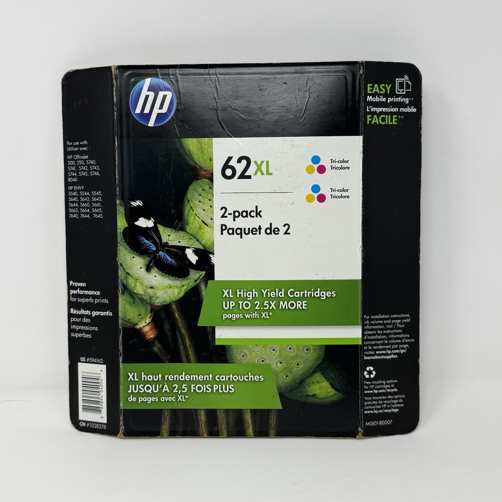 HP 62XL Tri-Color Ink Cartridge 2 Pack M0J01BN Genuine New Sealed Box EXP 2019