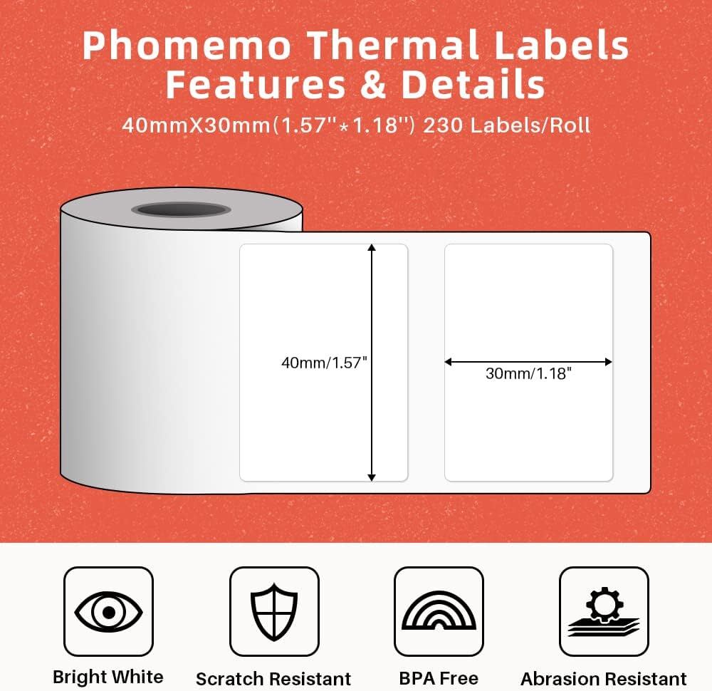 1Roll 40x30mm 230Labels Phomemo Self-Adhesive Label M120/M110/M220 Thermal Paper