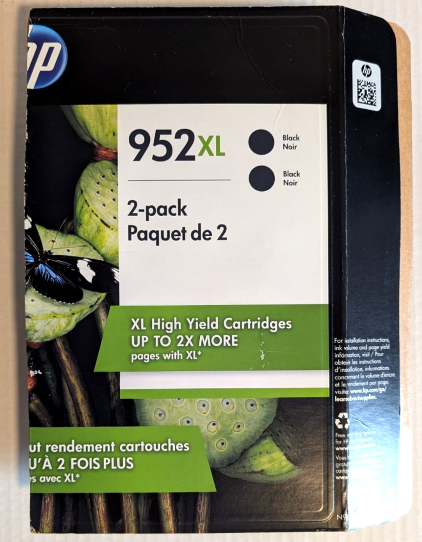 Genuine HP 952XL Black Ink Cartridges 2 Pack 12-2019 – New Open Box