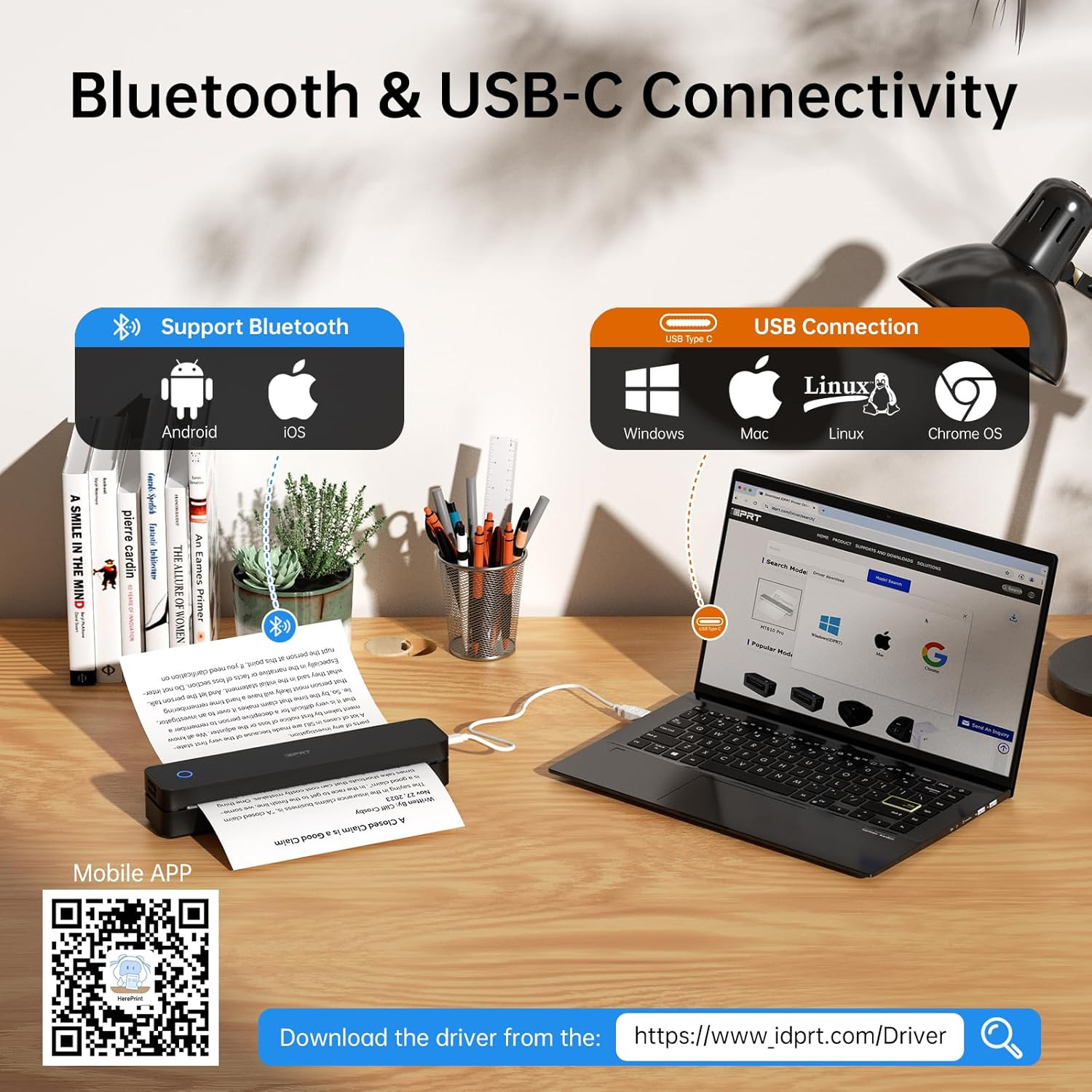 Portable Thermal Printer, 300DPI Inkless-Bluetooth Small Mobile Printers Wireles