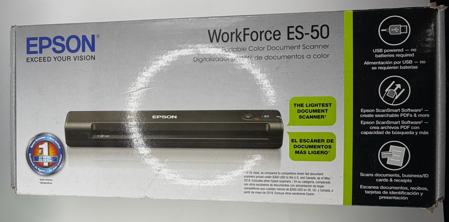 Epson ES-50 WorkForce Portable Document Scanner – Black (New open box)