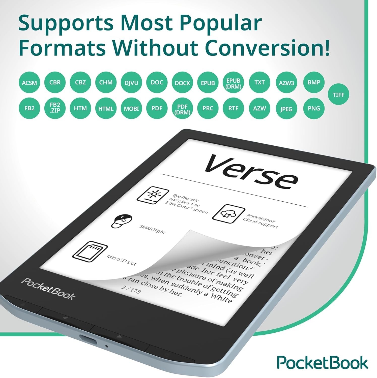 PocketBook Verse E-Reader, Eye-Friendly 6” E-Ink Carta™ HD Touchscreen, Blue