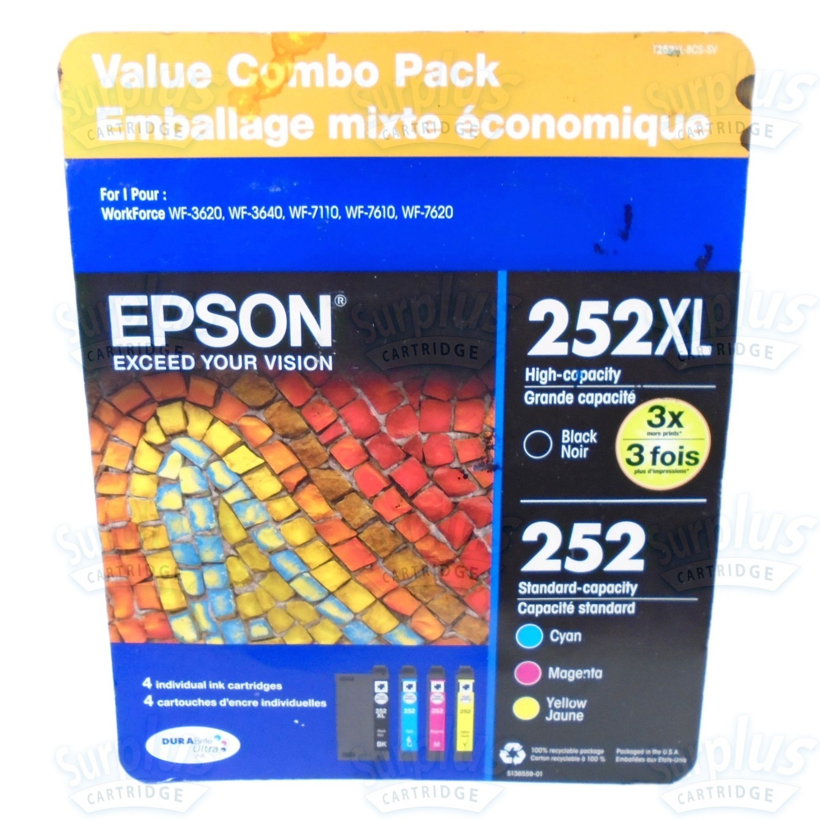 4pk Genuine Epson 252XL Black & 252 3-Color Ink WF-3620 WF-3640 WF-7610 WP-7110