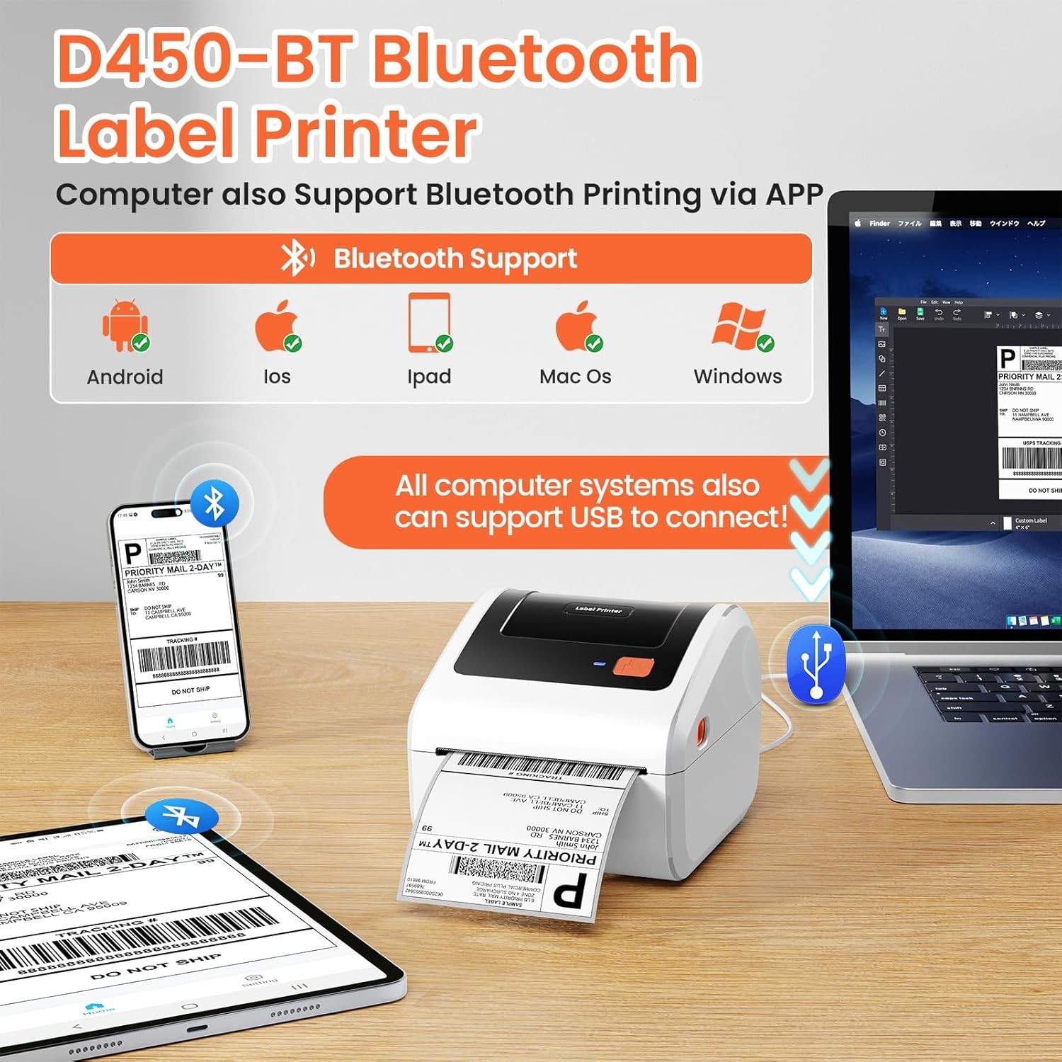 Phomemo D450BT 4×6 Wireless Shipping Label Printer with 500pcs labels