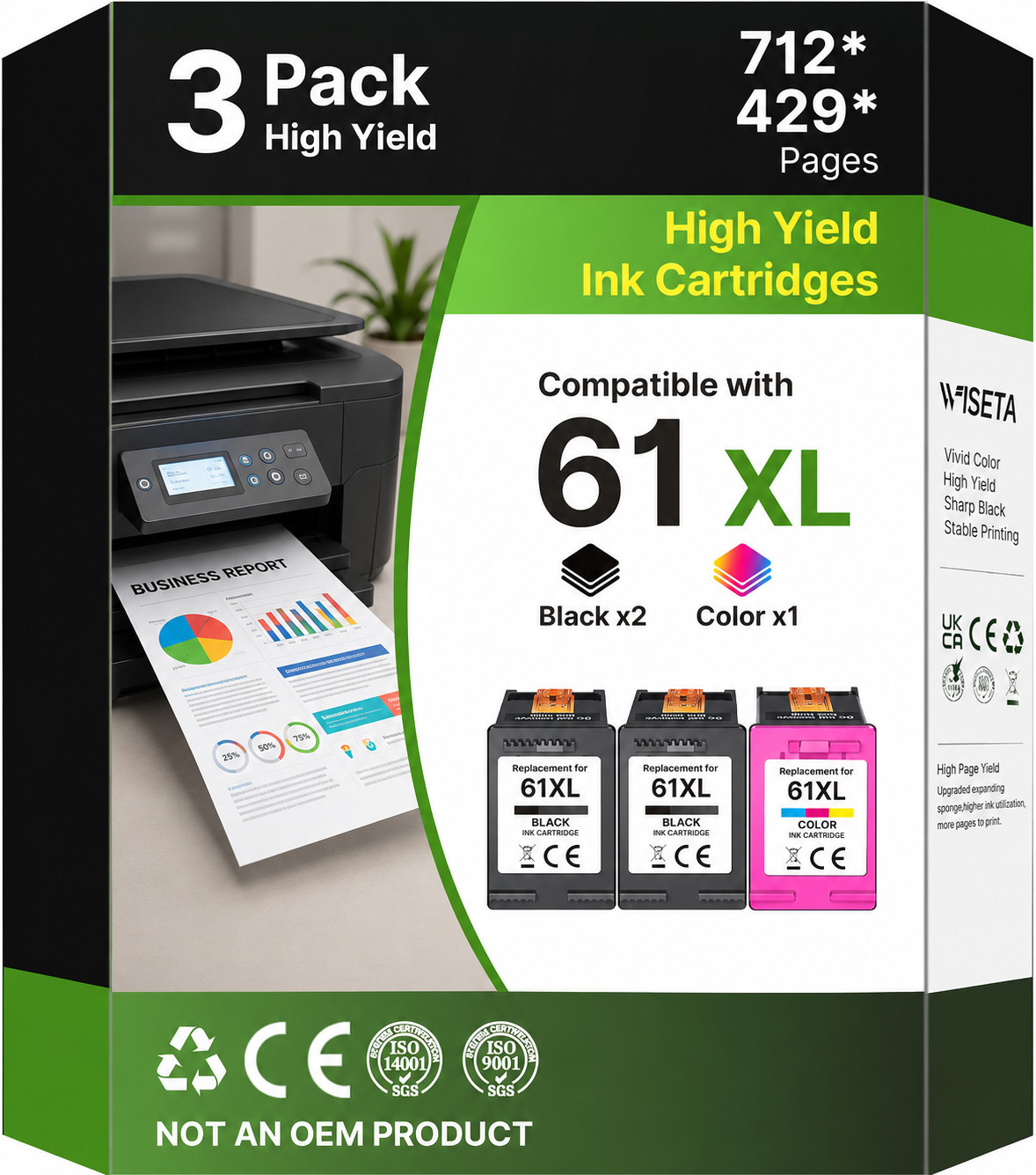 61XL Ink Cartridge Combo Pack 3 Pack 2 Black 1 Color for HP Envy 4500 5530 61XL