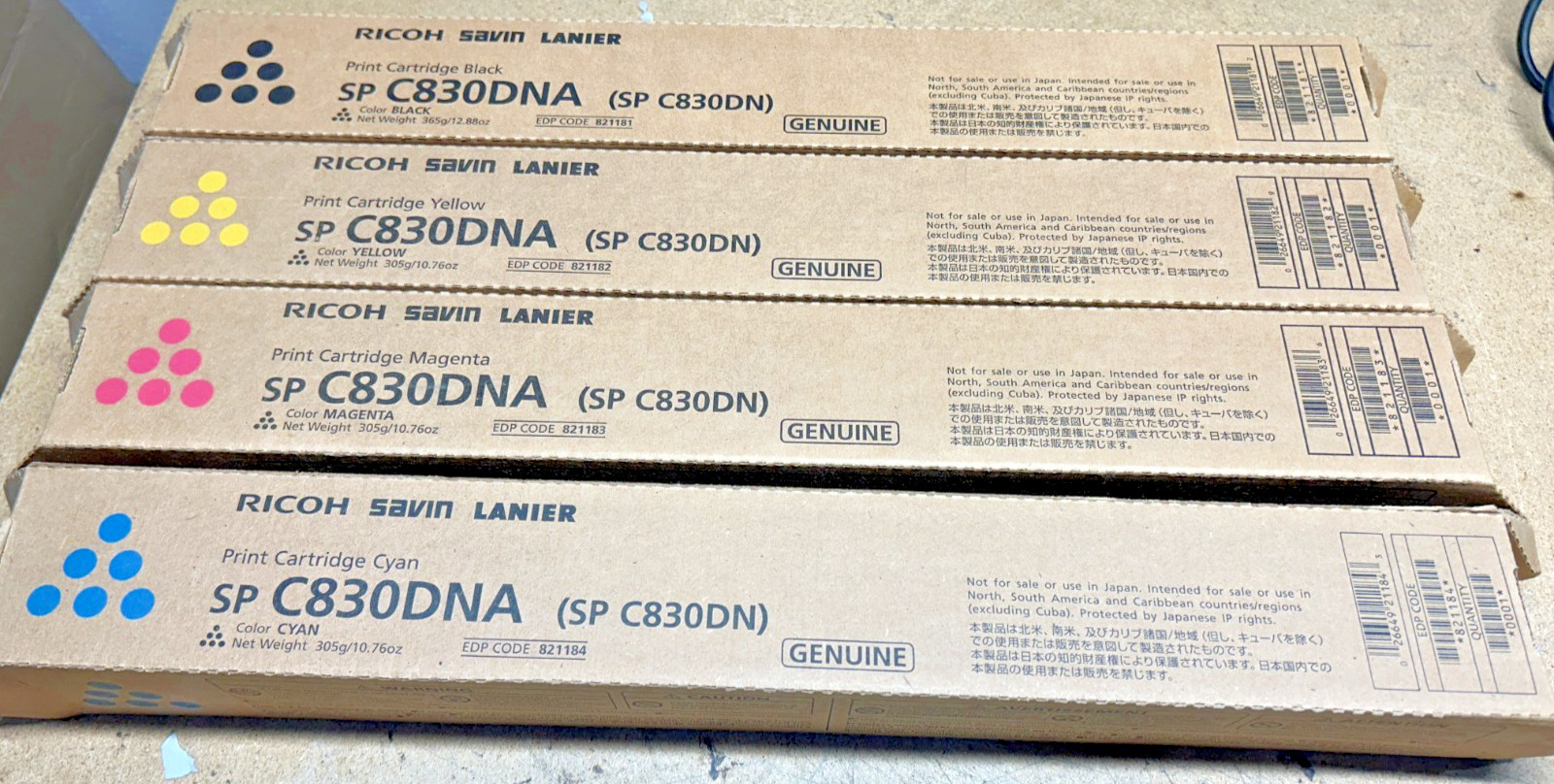 Genuine Ricoh 821181 Black, 821182 Yellow, 821183 Magenta, 821184 Cyan Toner Set
