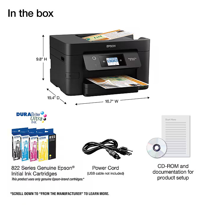 Epson WorkForce Pro WF-3820 Wireless Color Inkjet Printer, All-In-One Print Scan