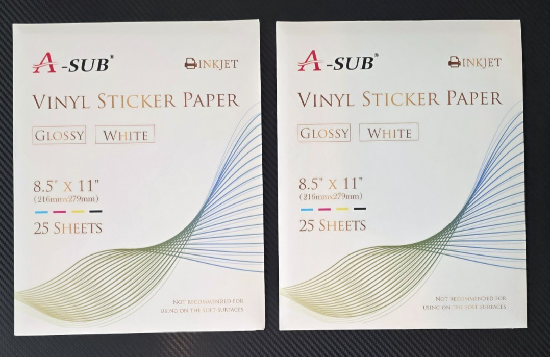 A-Sub Set of 2 Inkjet Vinyl Sticker Paper Glossy White 8.5″ x 11″ 25 Sheet Each