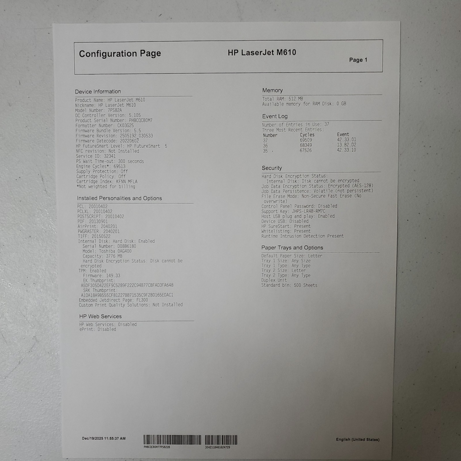HP LaserJet Enterprise M610DN Black White Printer W/Toner Duplex Network