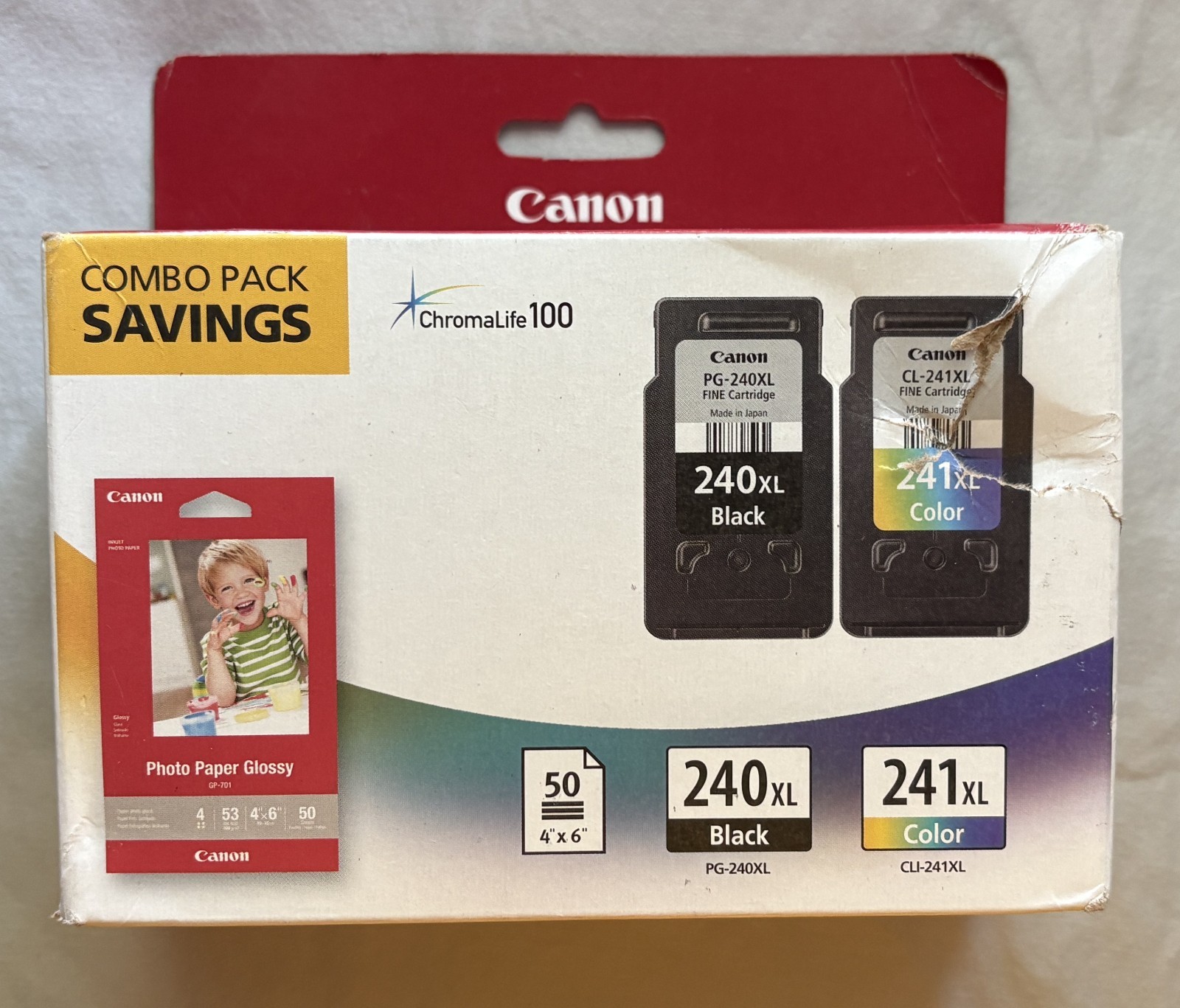 Canon PG-240XL Black & CL-241XL Color Ink 2-Pack w/ 50pk 4x6inch Photo Paper