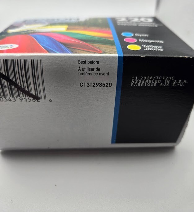 Genuine Epson 220 Ink Cartridges Cyan/Magenta/Yellow Exp 11/2026
