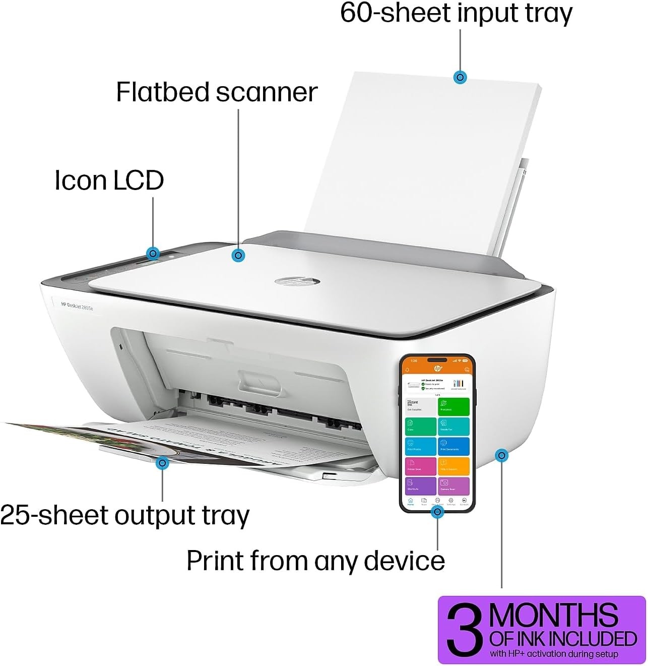 Deskjet 2855E Wireless Inkjet Printer Scanner Copier with 3 Months Instant Ink