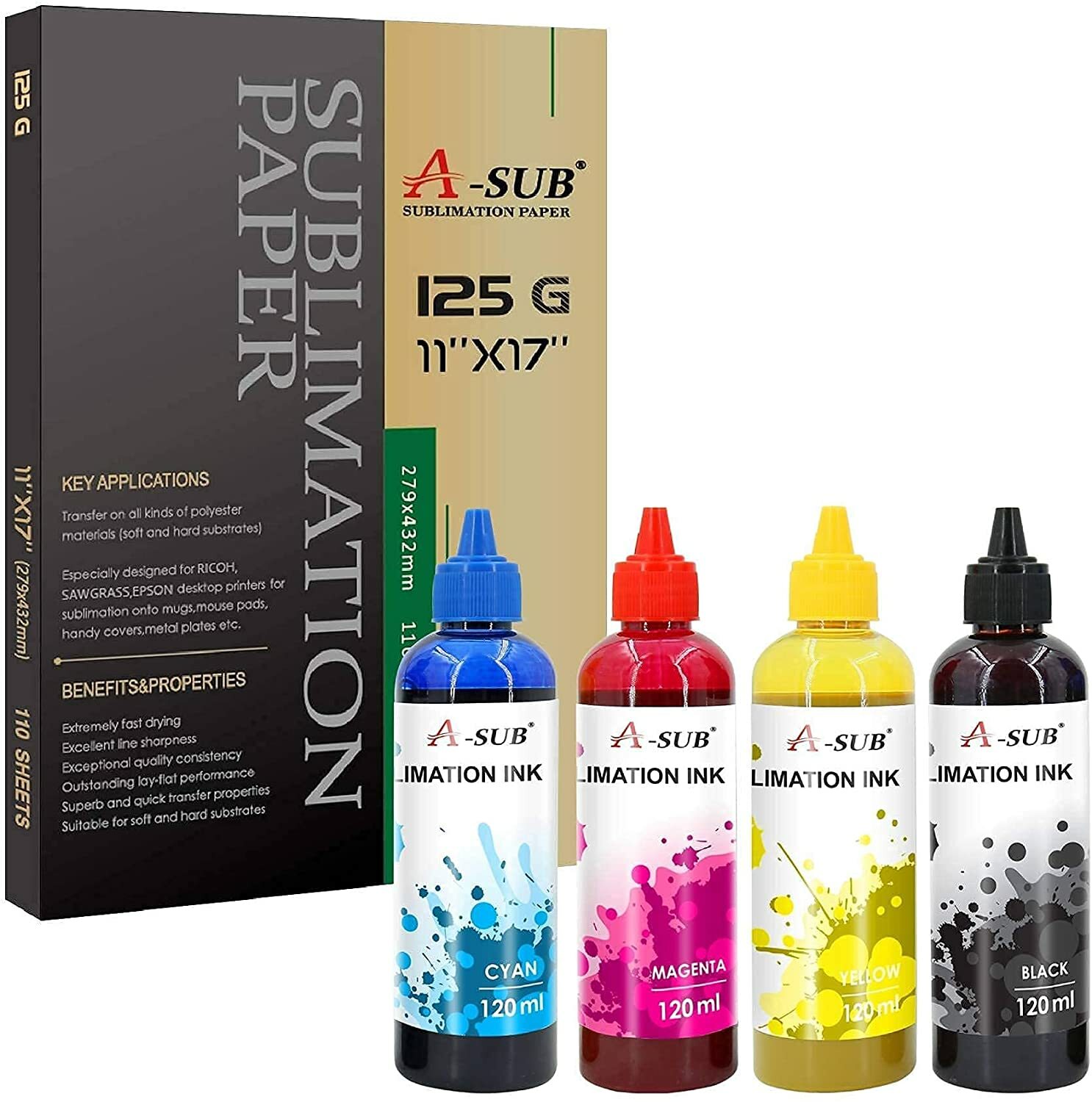 Bundle A-SUB Sublimation Paper 11×17 125g + 480ML A-SUB Sublimation Ink Fit Epso