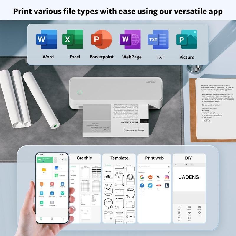 JADENS Portable Thermal Printers Wireless for Travel,Support 8.5″ X 11″ USLetter