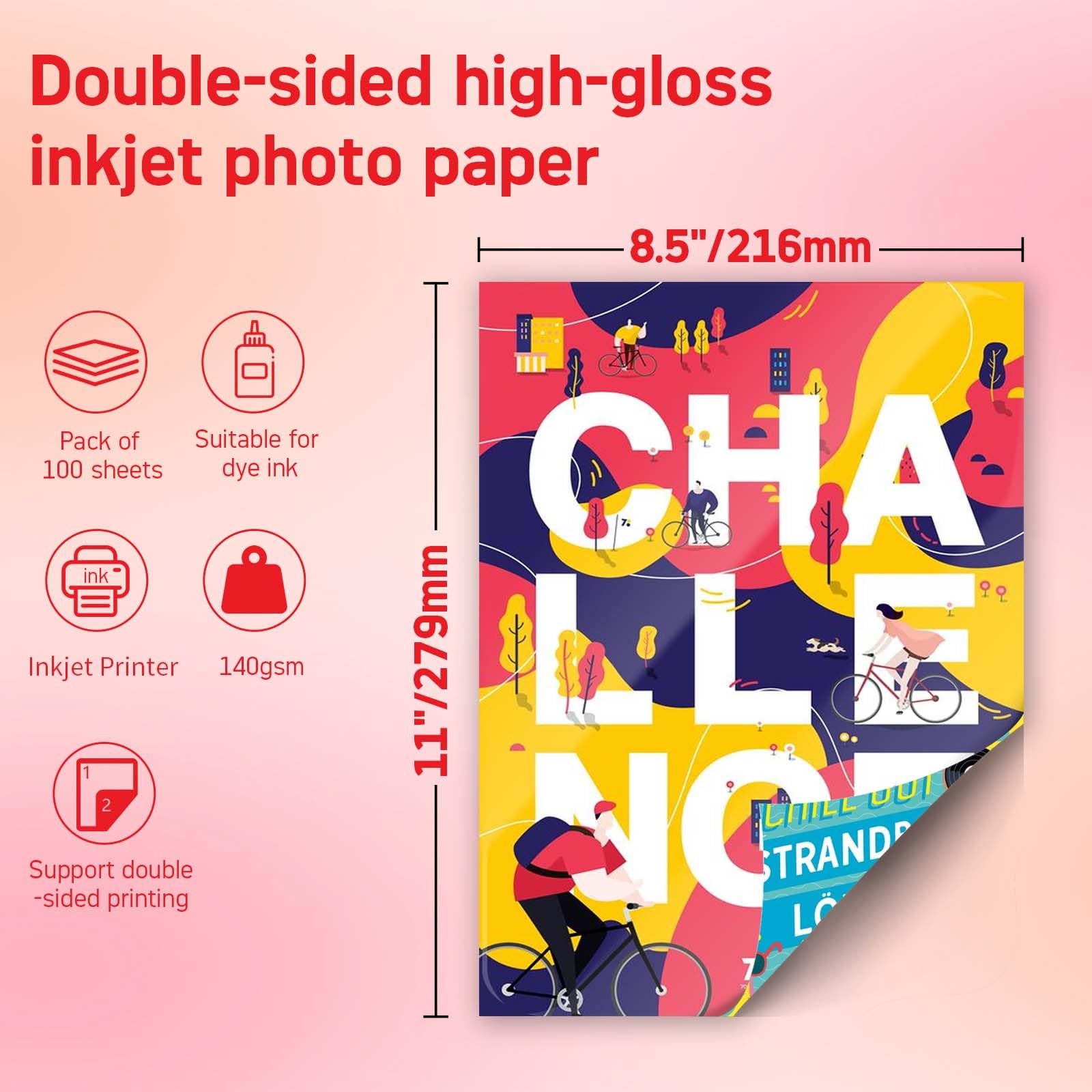 100 Sheets Double Sided Glossy Photo Paper 140gsm 37lb 8.5×11 Inch Inkjet Bag