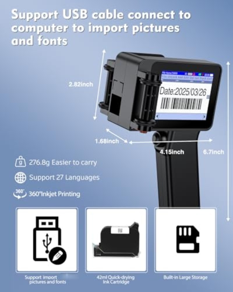 Mini Handheld Inkjet Printer, Inkjet Coder with 0.5 Inch Print Height Batch Code