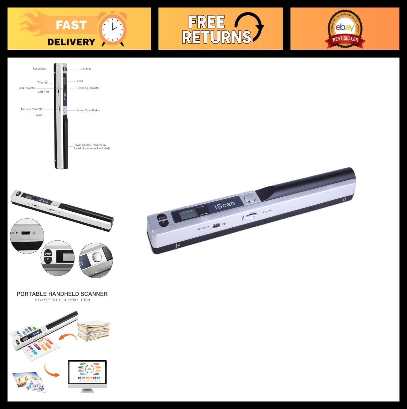 Portable Handheld Document Scanner 900DPI, A4 Color Mobile Scanning Wand, JPG/PD