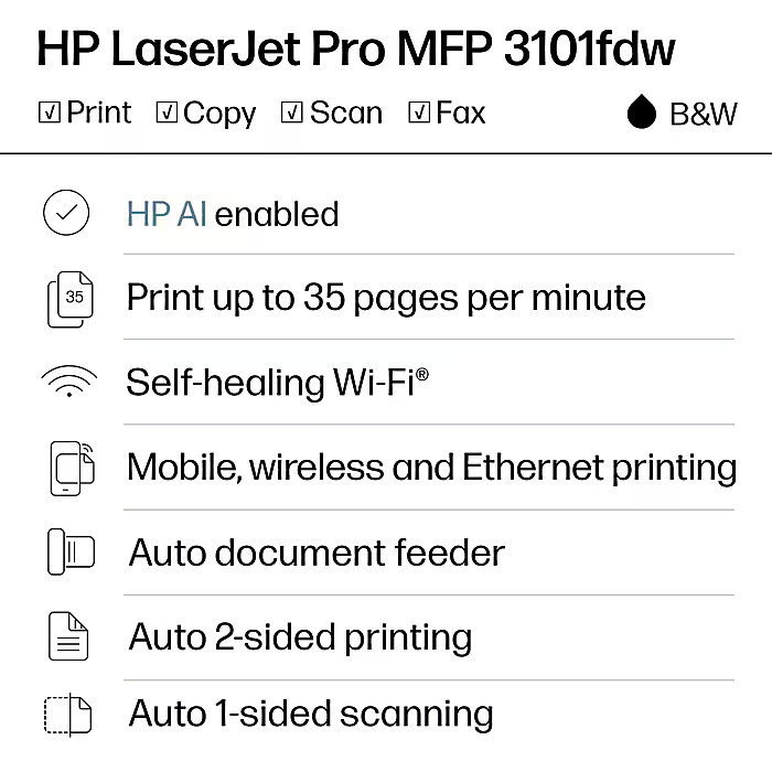 HP LaserJet Pro MFP 3101fdw Wireless Black & White All-in-One Printer