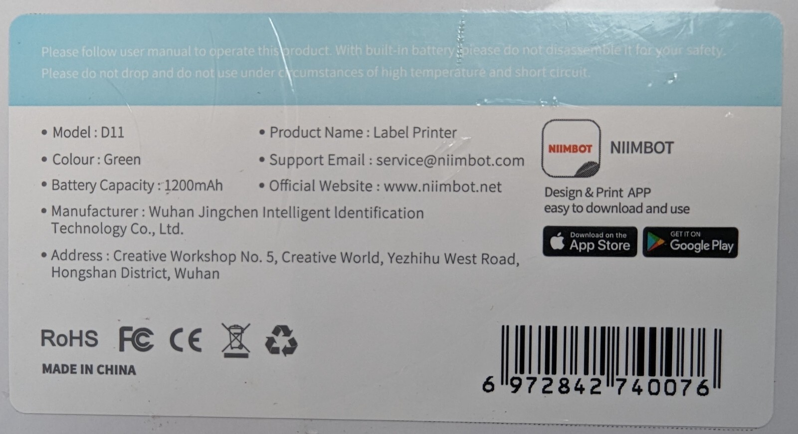 NIIMBOT D11 Label Maker Thermal Print w/Tape Wireless and Rechargeable Green NEW