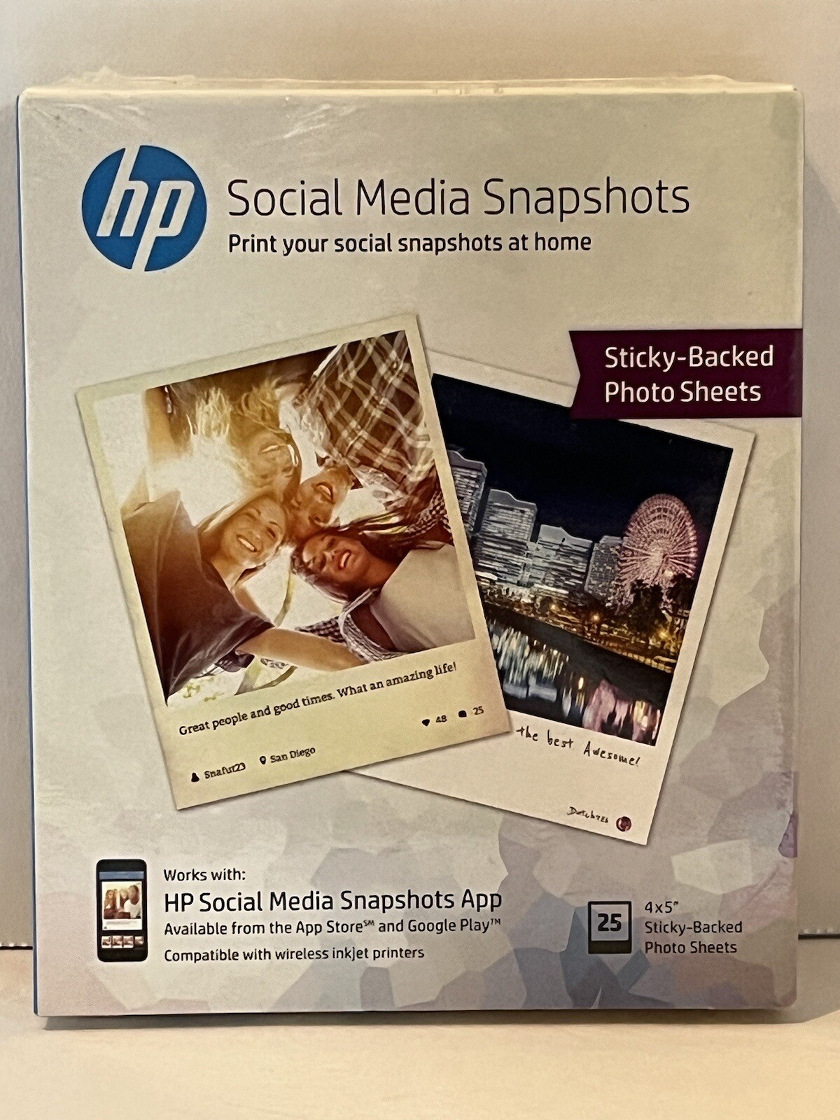 Sealed New HP Photo Paper Sticky Back Social Media Snapshots 4×5 inch 25 sheets