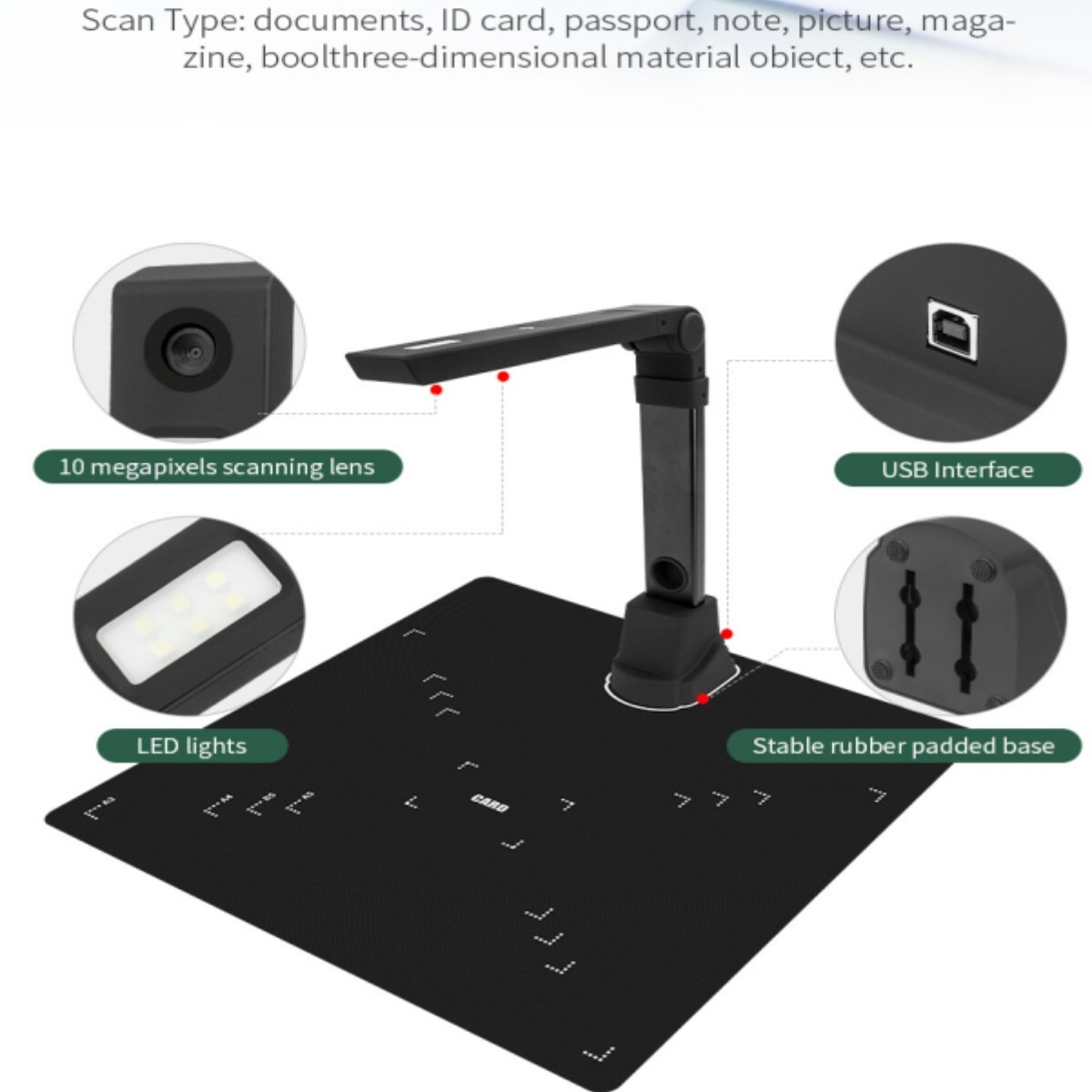 USB Smart Document Book Scanner OCR Auto-Flatten&Deskew 12MP Camera Capture A3