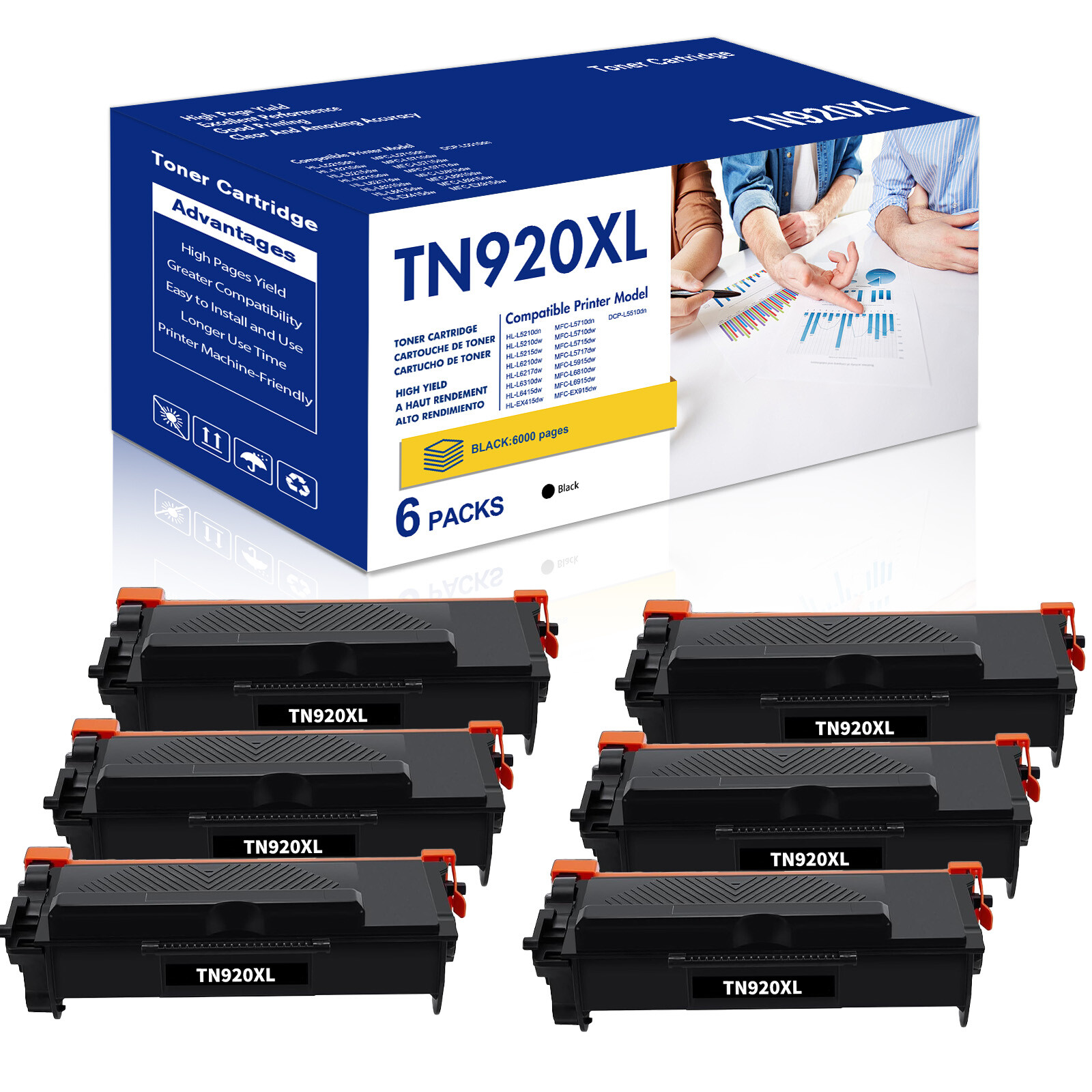 6 pack TN920 XL Compatible With Brother TN920 Black Toner HL-L6210DW HL-L6217DW
