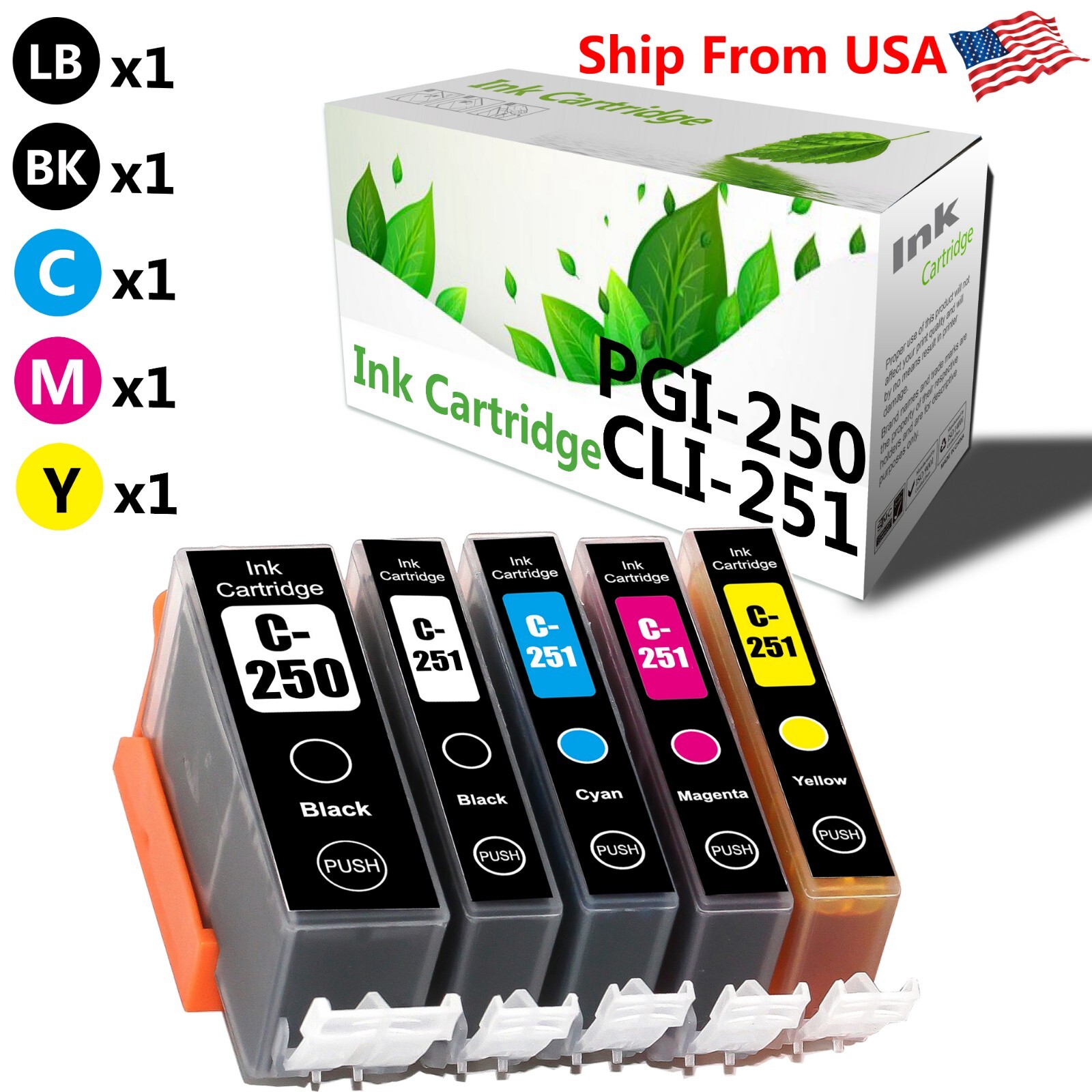 (5PK,BBCMY) PGI250 CLI251 Ink Cartridge for IP8720 IX6820 IP7220 Printer