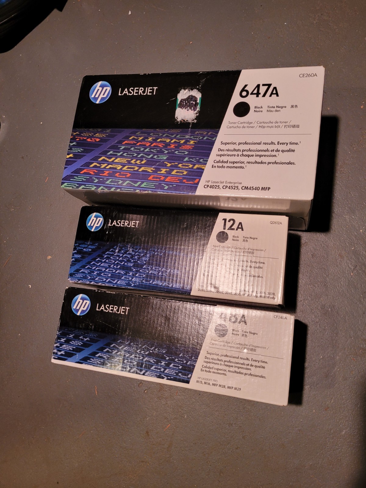 Genuine OEM HP Toner Lot Of 3 – 647A CE260A / 12A Q2612A / 48A CF248A