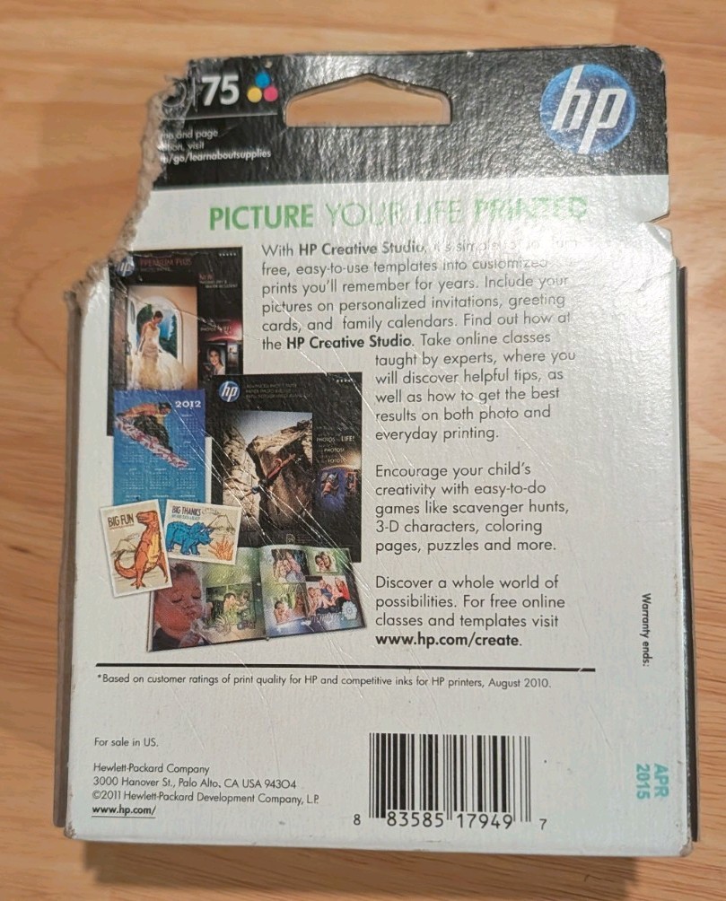 Genuine HP 74+75 Ink Cartridges – Black/Tri-color – Combo-New Box – April 2015
