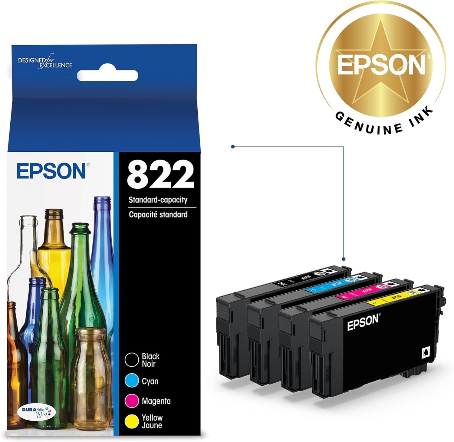 Epson 822, Color Standard-Capacity Ink Cartridges, C/M/Y/K 4-Pack