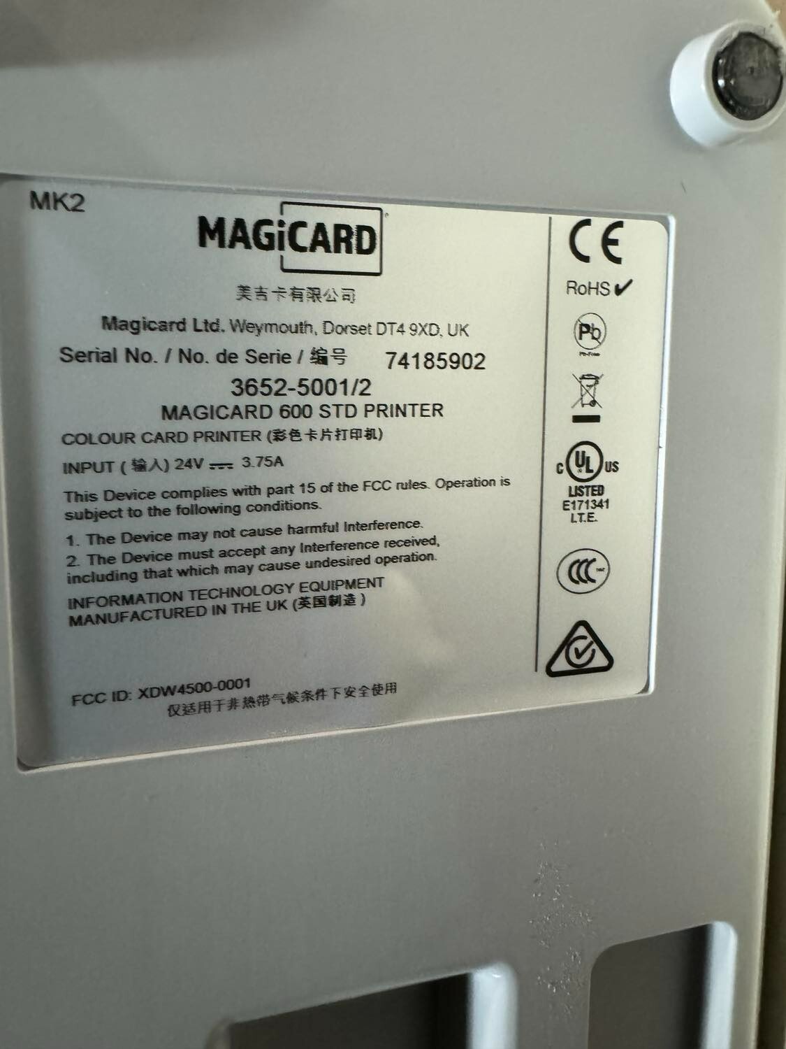 Magicard 600 STD Uno Single-Sided Color ID Card Printer 3652-5001/2