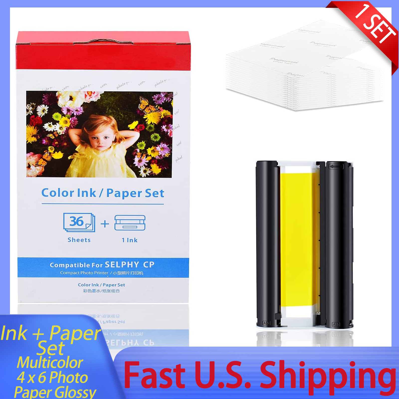 1Set KP-36IN 1 Color Cartridges and 36 Sheets 4×6 Photo Paper Glossy for Canon