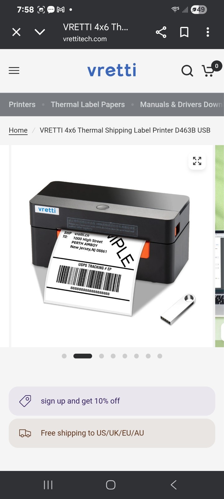 VRETTI Thermal Shipping Label Printer 4×6 Bluetooth iOS Android Black