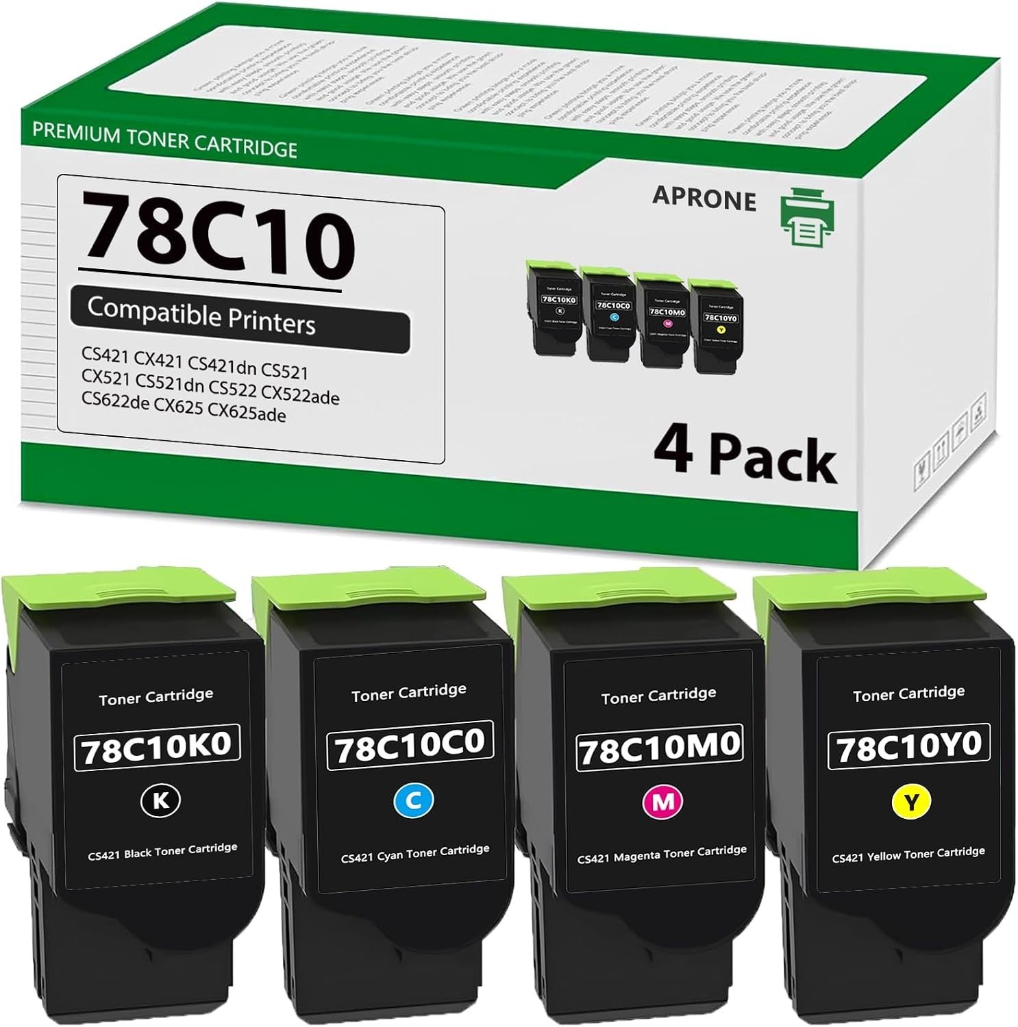 Aprone 78C10 Comp. w/ Lexmark Toner Set 4 Pack CS421 CS521 CX622 CX421 #2908C