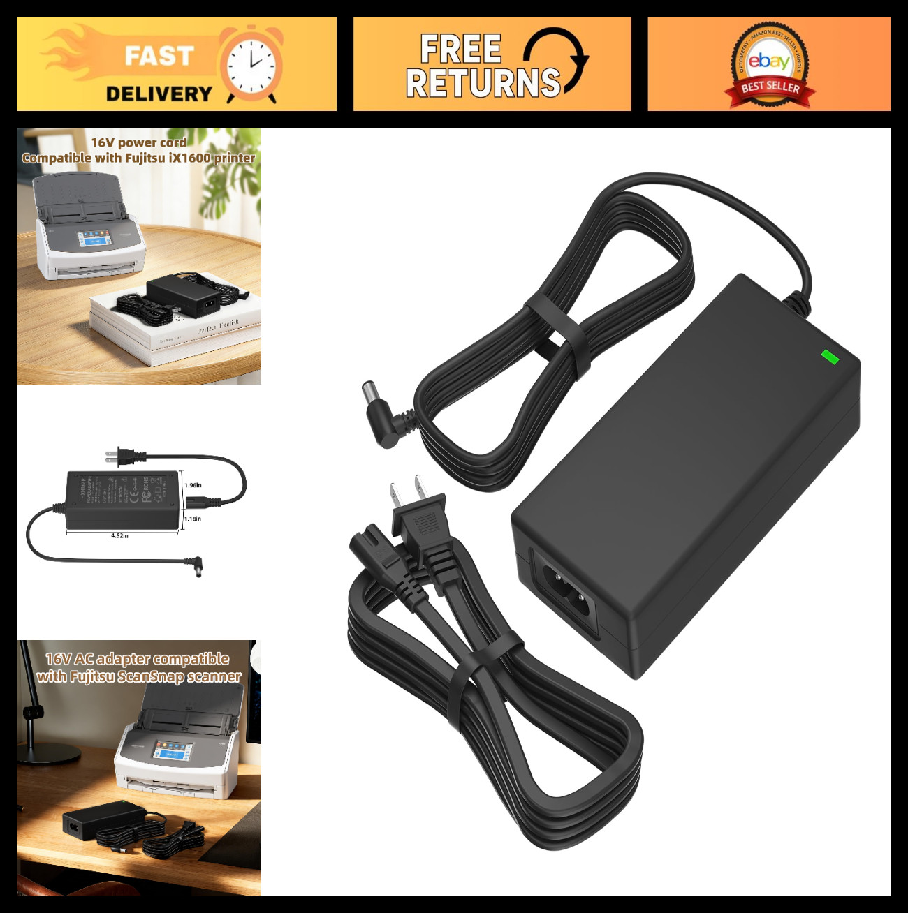 16V Power Adapter Charger for ScanSnap iX500 iX1500 iX1400 iX1600 Document Scann