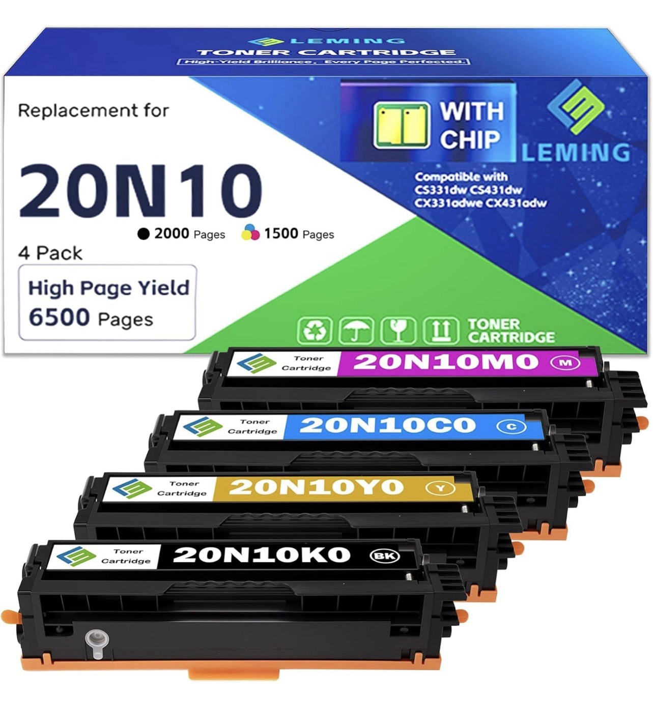 A107-20N10 4 Pack BCMY Toner Cartridge Replacement for CS331 CX331 CS431 Series