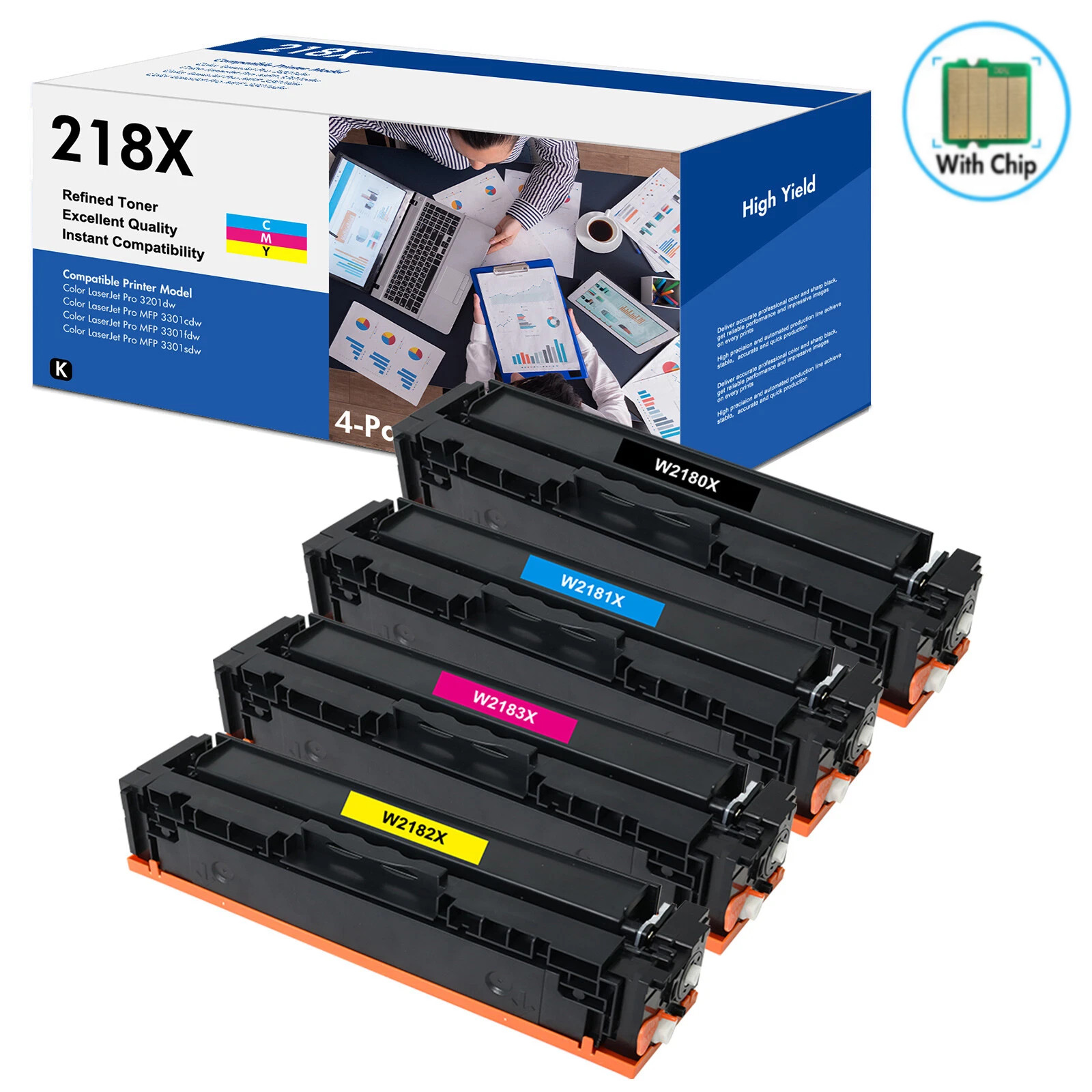 4x 218X Toner Cartridge for HP W2180X W2181X W2182X W2183X MFP 3301fdw WITH CHIP