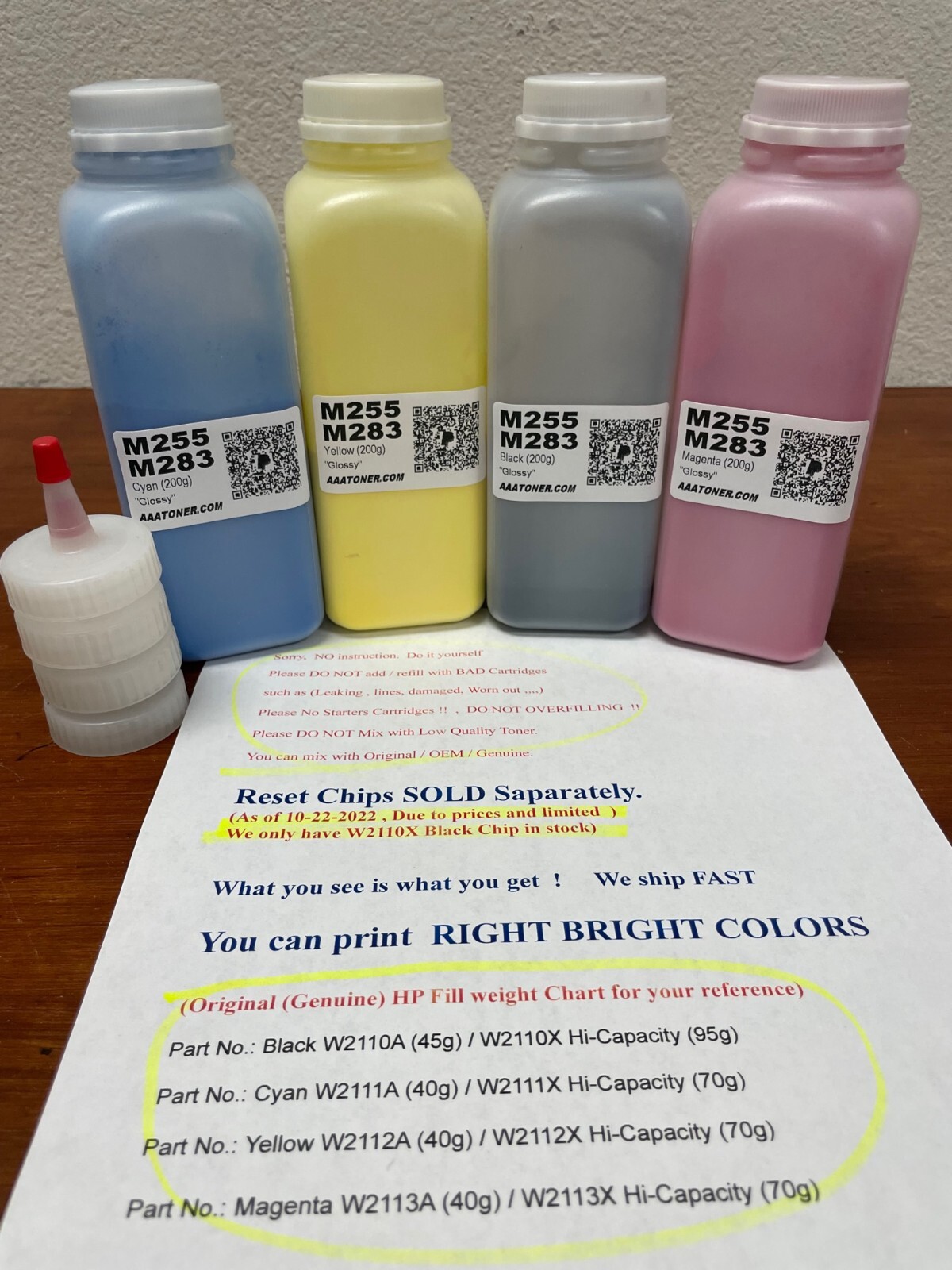 (200g x 4) Toner Refill for HP Color Pro M255, M283 (W2110 A/X ~ W2113 A/X)