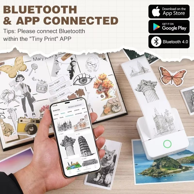 Bluetooth Thermal Mini Printer 57mm Pocket Photo Sticker Label Printer USB-C