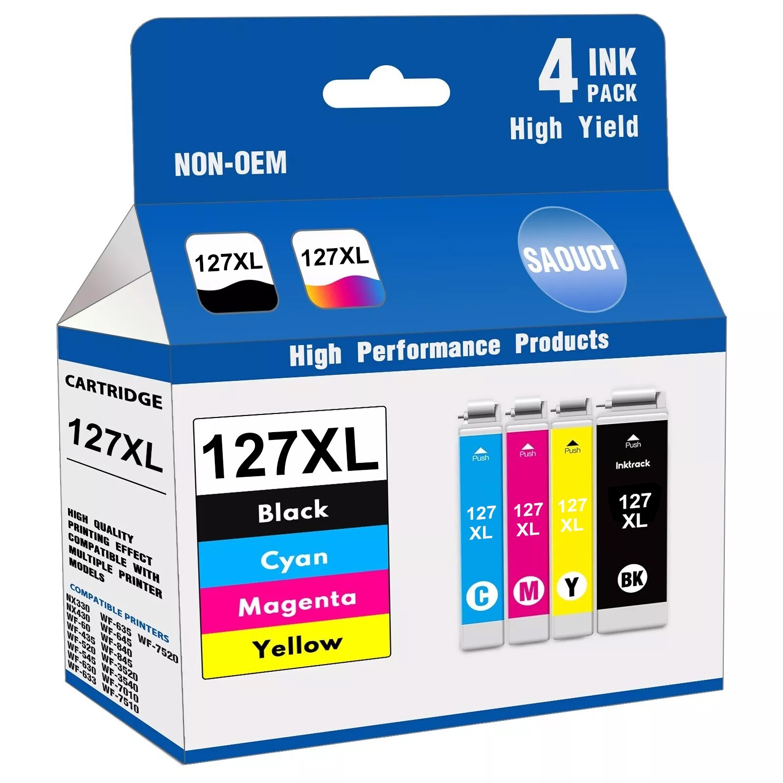 4PK T127 127XL Replacement Ink Cartridge for Epson 127 WF-3520 WF-3530 WF-3540