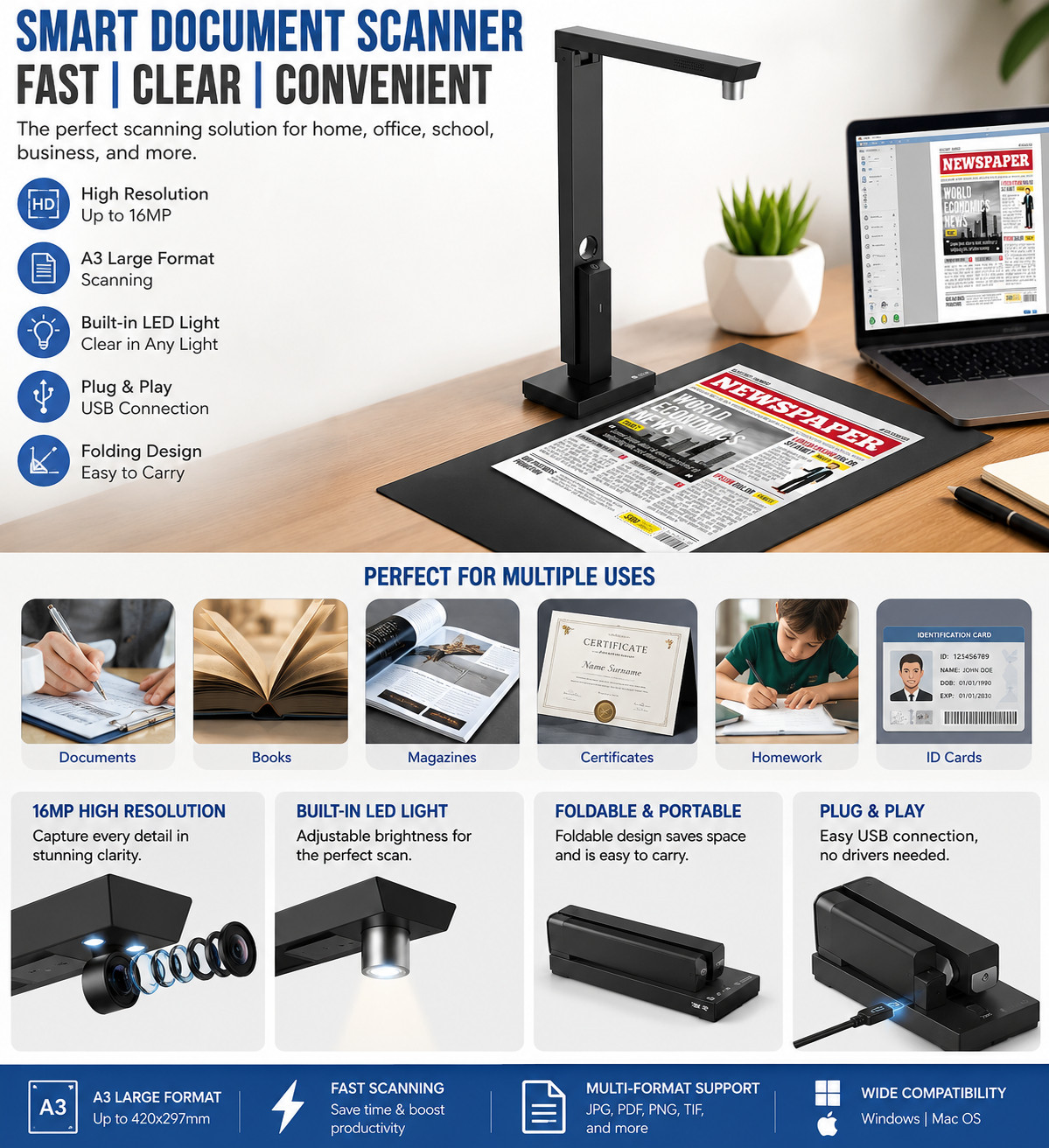 Lens800 Pro Portable 8MP A4 Document Scanner | 8MP Document Camera, Capture Siz