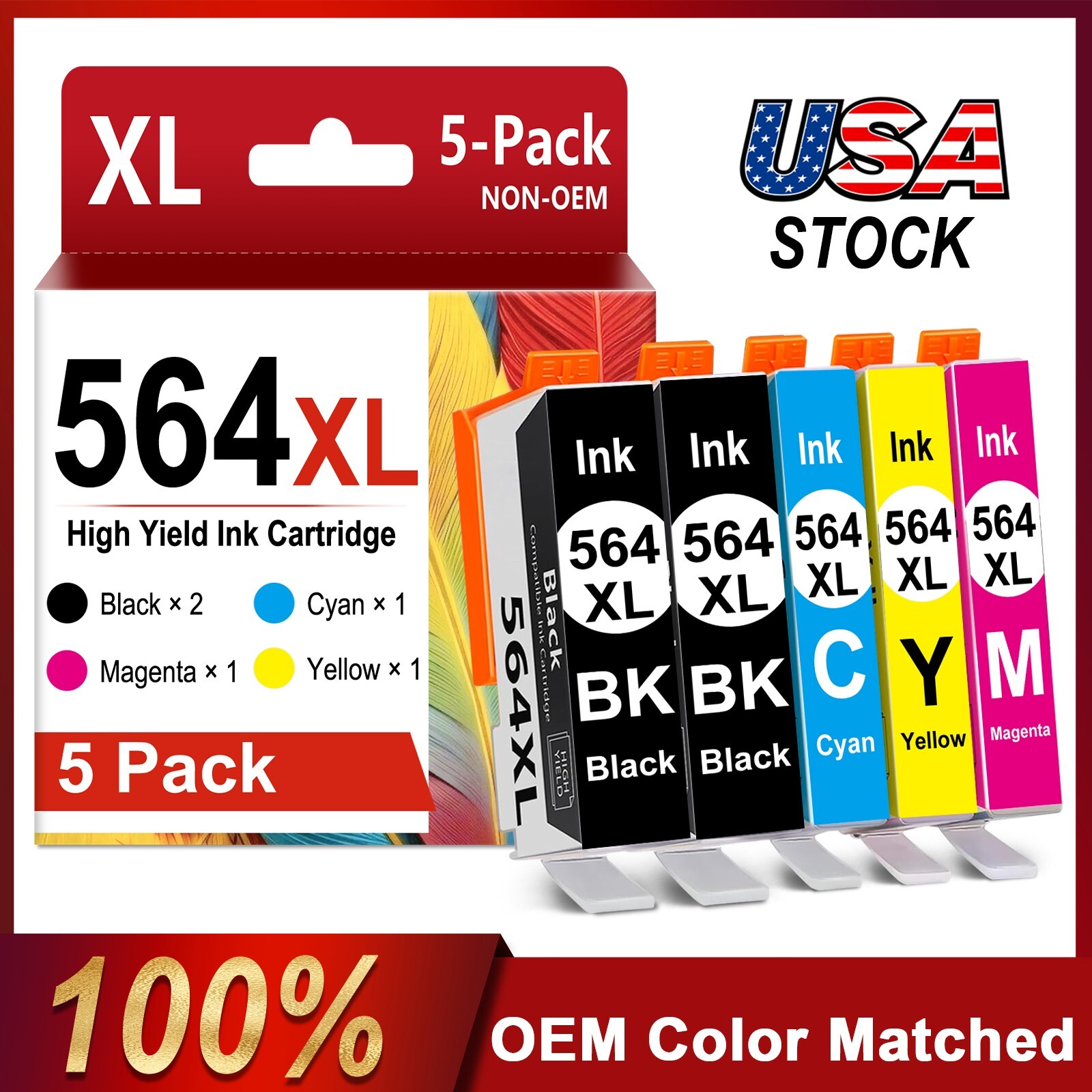 Compatible HP 564XL Ink Cartridge (5 Combo Pack) for Photosmart 7520 7525 6520