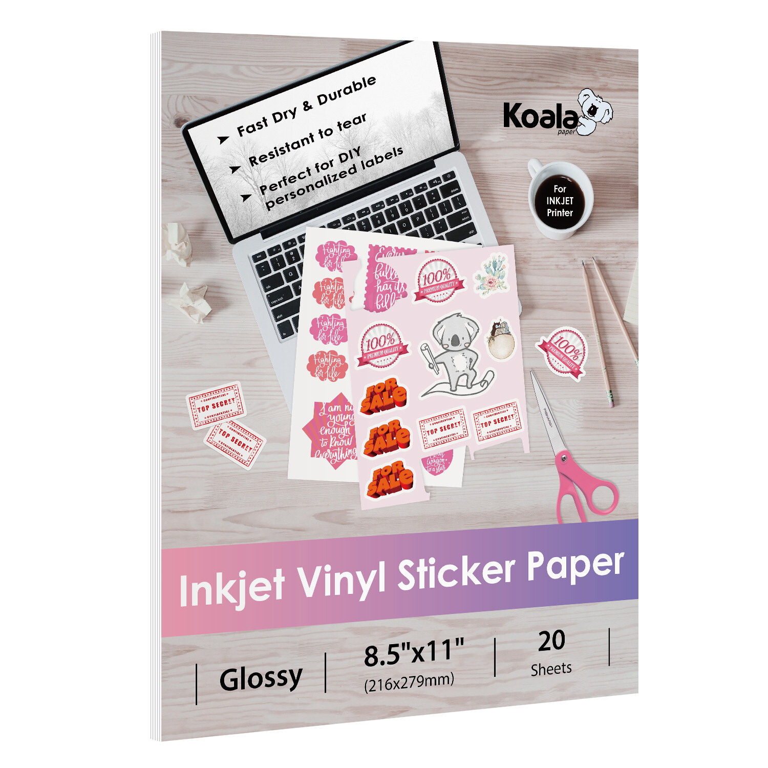 Koala Vinyl Sticker Paper fo Inkjet Glossy White Waterproof Sticker Paper 8.5×11