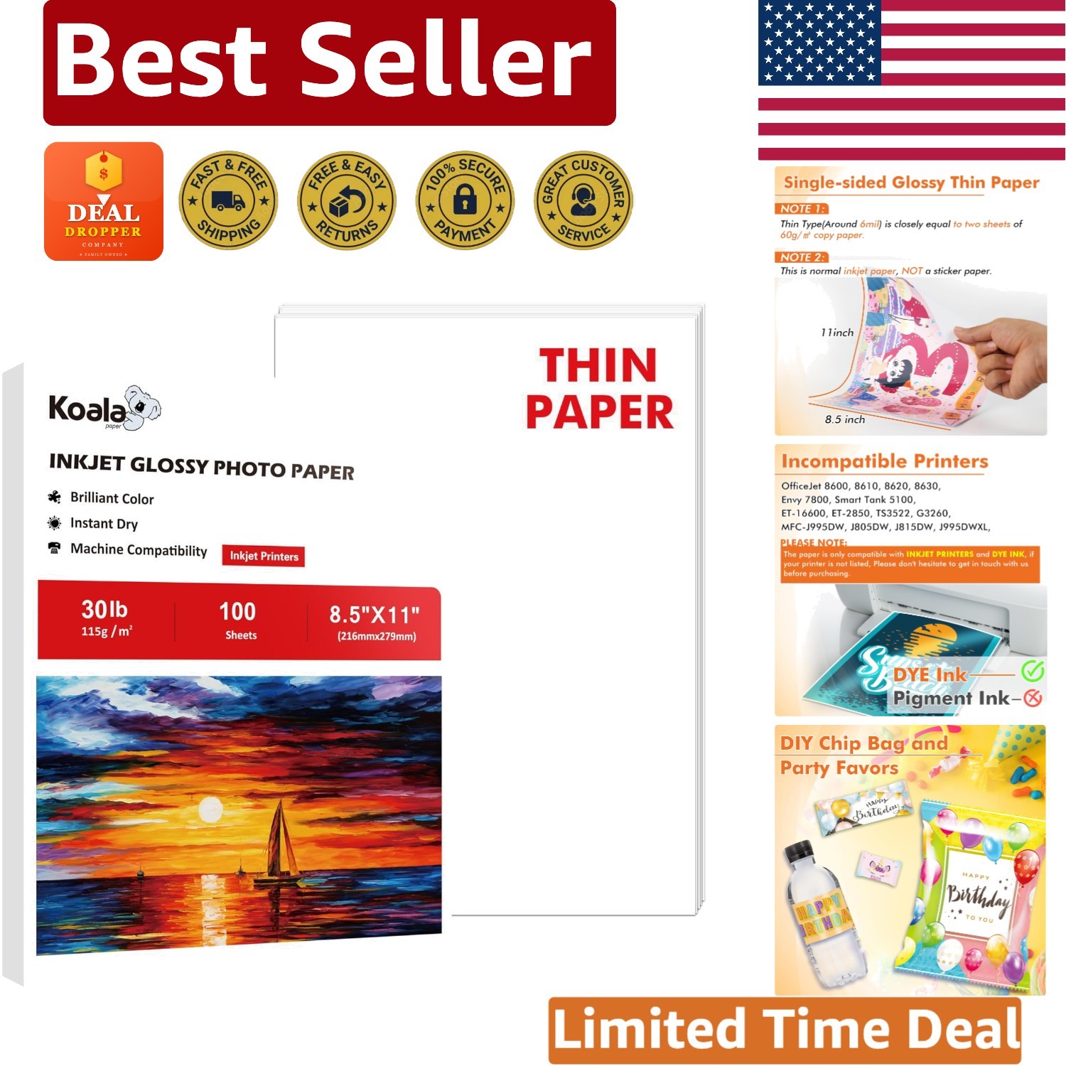 Koala Glossy Inkjet Paper – 8.5×11 Inches, 100 Sheets for Brilliant Color Prints